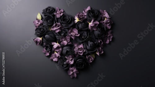 rip. black flowers in the shape of a heart. bouquet for Valentine's Day, Women's Day, funeral. space for text