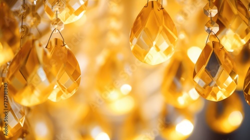 Crystal chandelier close-up. yellow, orange light glitter and bokeh texture or background. luxury life. Selective focus