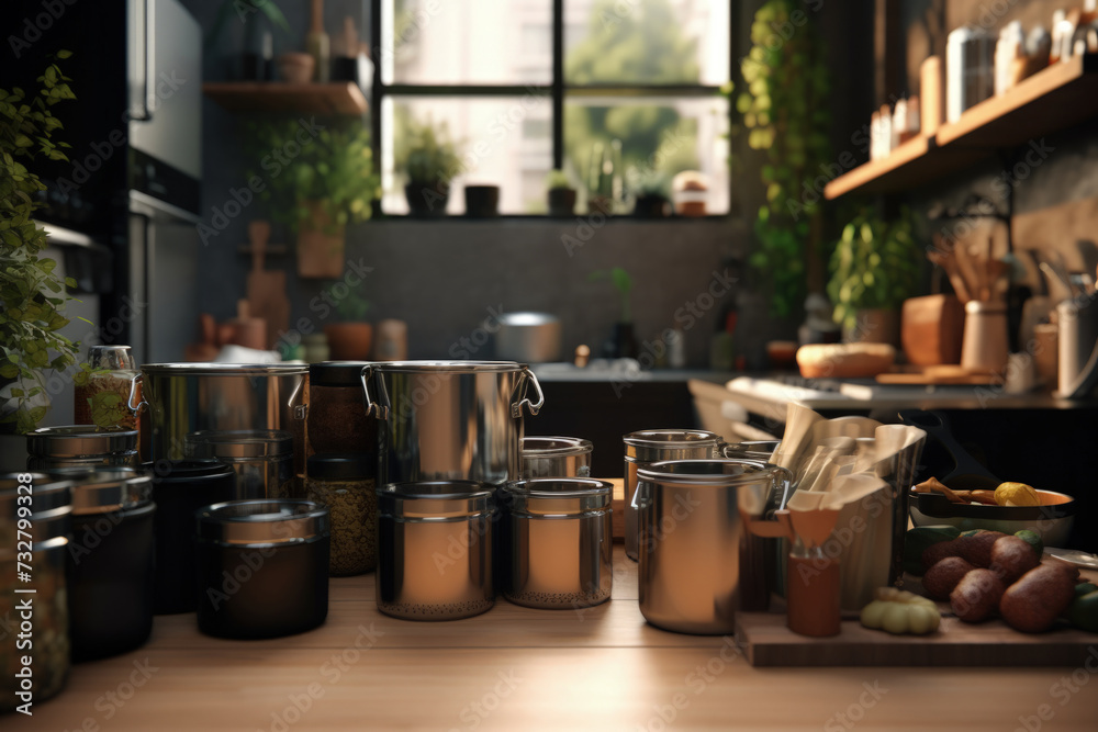 Zero Waste Kitchen: Wooden Table and Shelves with Glassware and Stainless Steel Utensils Zero Waste Kitchen: Wooden Table and Shelves with Glassware and Stainless Steel Utensils