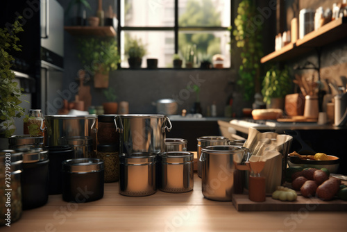 Zero Waste Kitchen  Wooden Table and Shelves with Glassware and Stainless Steel Utensils