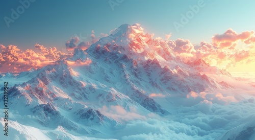 Nature's majestic display as the glowing sun breaks through the clouds, casting a warm light on the rugged mountain summit and glacial landforms of the snow-covered massif