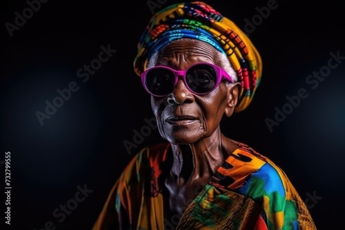 Portrait of an elderly African woman wearing sunglasses and a colorful scarf © foto.katarinka