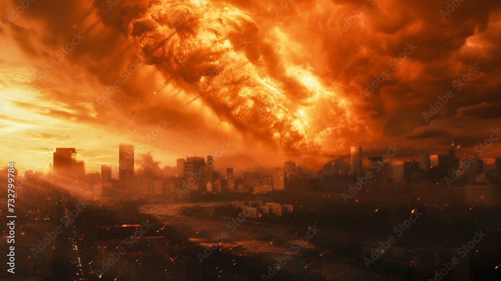 Apocalyptic Cityscape with Fiery Sky. Generative ai