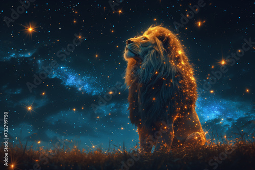 A sparkling silhouette of a lion on a night sky background. The symbol of the zodiac sign is leo. Ai generative..