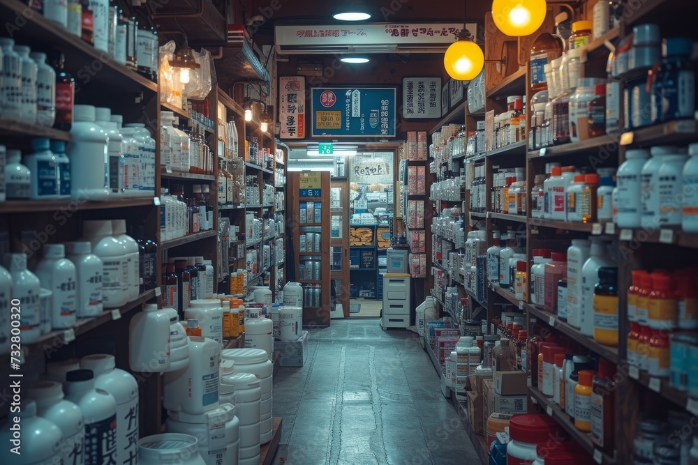 A bustling convenience store scene, filled with rows of medicine bottles lining the shelves, offering a sense of relief and hope in the busy city streets