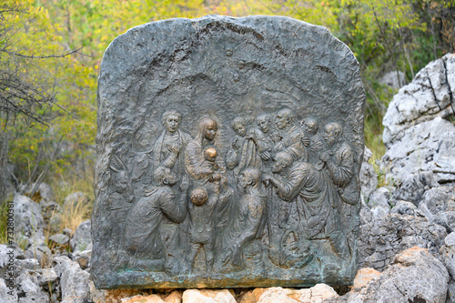 The Nativity of Jesus – Third Joyful Mystery of the Rosary. A relief sculpture on Mount Podbrdo (the Hill of Apparitions) in Medjugorje. photo