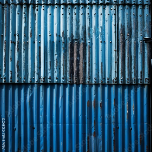 Industrial Aesthetics: Blue Corrugated Metal Roof with Rivets.