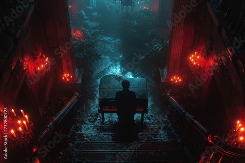 In a virtual world of darkness and danger, a lone pianist bravely plays on amidst the glowing red lights, bringing haunting melodies to life in this thrilling pc game screenshot photo