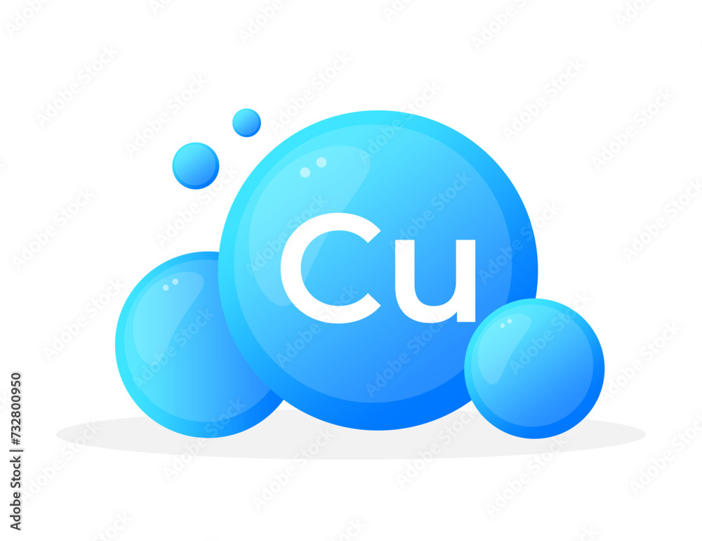 Blue bubbles with the chemical symbol Cu representing copper Blue bubbles with the chemical symbol Cu representing copper