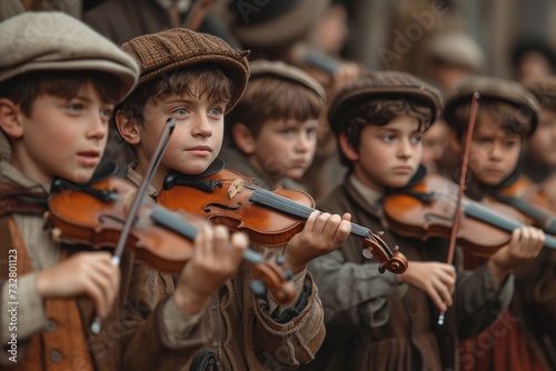 A young group of violinists clad in traditional clothing and adorned with hats, playing their string instruments with skilled precision under the open sky, creating a beautiful symphony of classical 