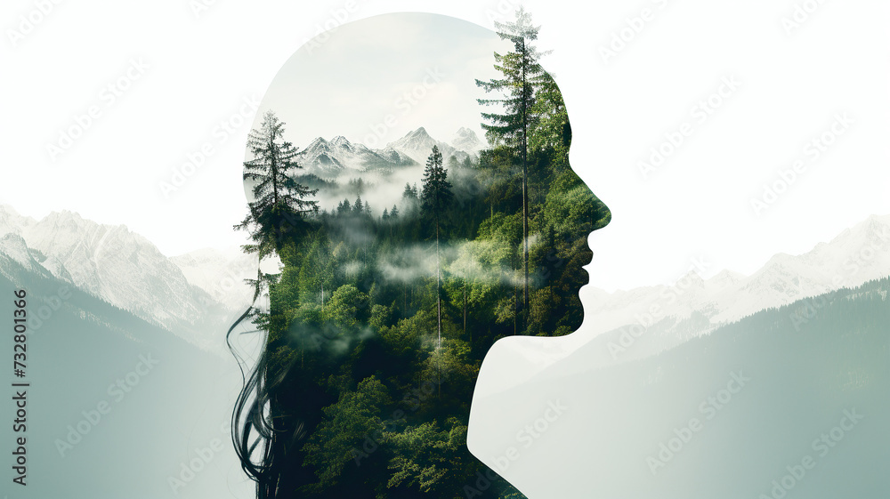 Silhouette of a young woman with nature. Eco concept