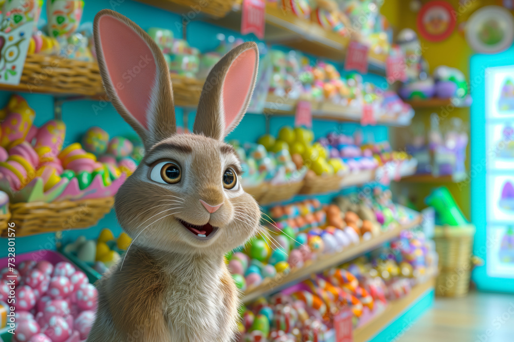 rabbit shopping for Easter sweets and eggs. Easter cartoon character