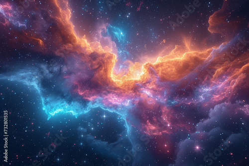 A maximalist explosion of colors in a cosmic landscape showcases the awe-inspiring beauty and complexity of the universe, where each color represents a celestial wonder. Generative Ai.