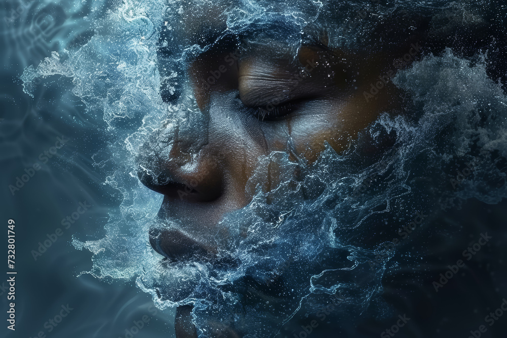 Fototapeta premium A conceptual photo of a serene face with ripples extending outward, representing the impact of thoughts on surroundings. Concept of thought influence and mental power. Generative Ai.
