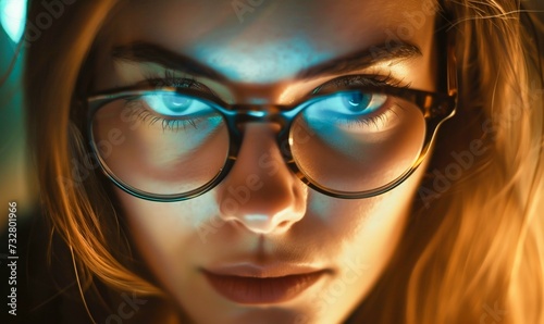 Vibrant Gaze: Woman with Reflective Glasses Against Bokeh Lights. Generative ai