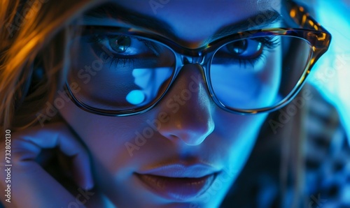 Vibrant Gaze: Woman with Reflective Glasses Against Bokeh Lights. Generative ai