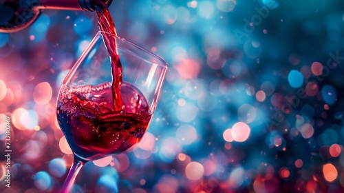 Elegance in a Glass: Red Wine Pouring Amidst Sparkling Lights. Generative ai