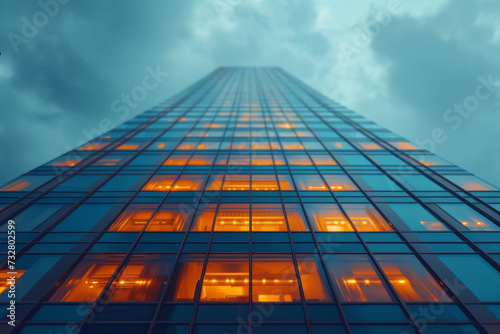 A vertical photo of a skyscraper  emphasizing its towering height and urban grandeur. Concept of vertical format enhancing architectural photography. Generative Ai.