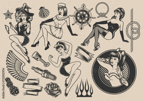 pin-up girl with elements for design