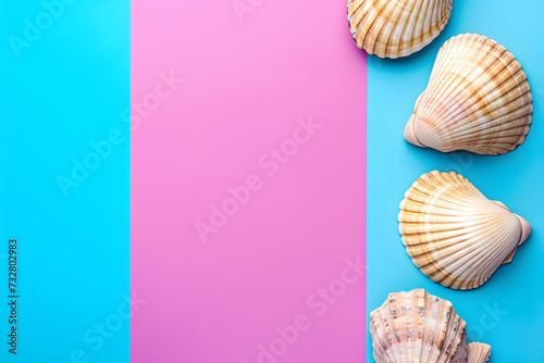 pink, blue, colored background with seashells.free space in the center,concept of travel
