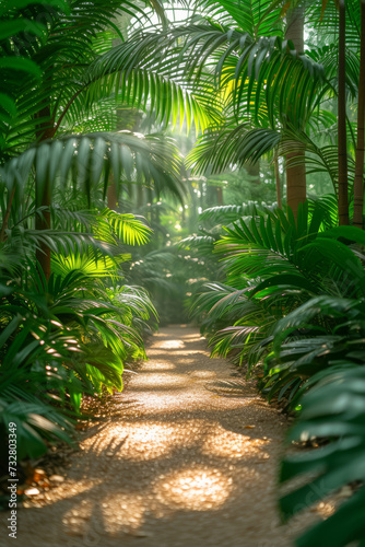 A vertical photo in a botanical garden  capturing the height of trees and plants. Concept of garden photography designed for vertical mobile viewing. Generative Ai.