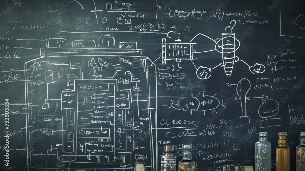 Concept of new battery, design drawn on a blackboard , detailed math concept, Concept of new battery, design drawn on a blackboard , detailed math concept,