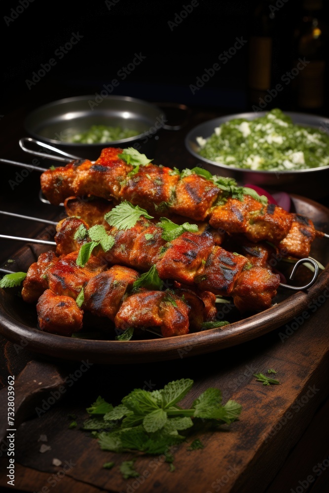 Tandoori Chicken Skewers with Mint Chutney. Best For Banner, Flyer, and Poster