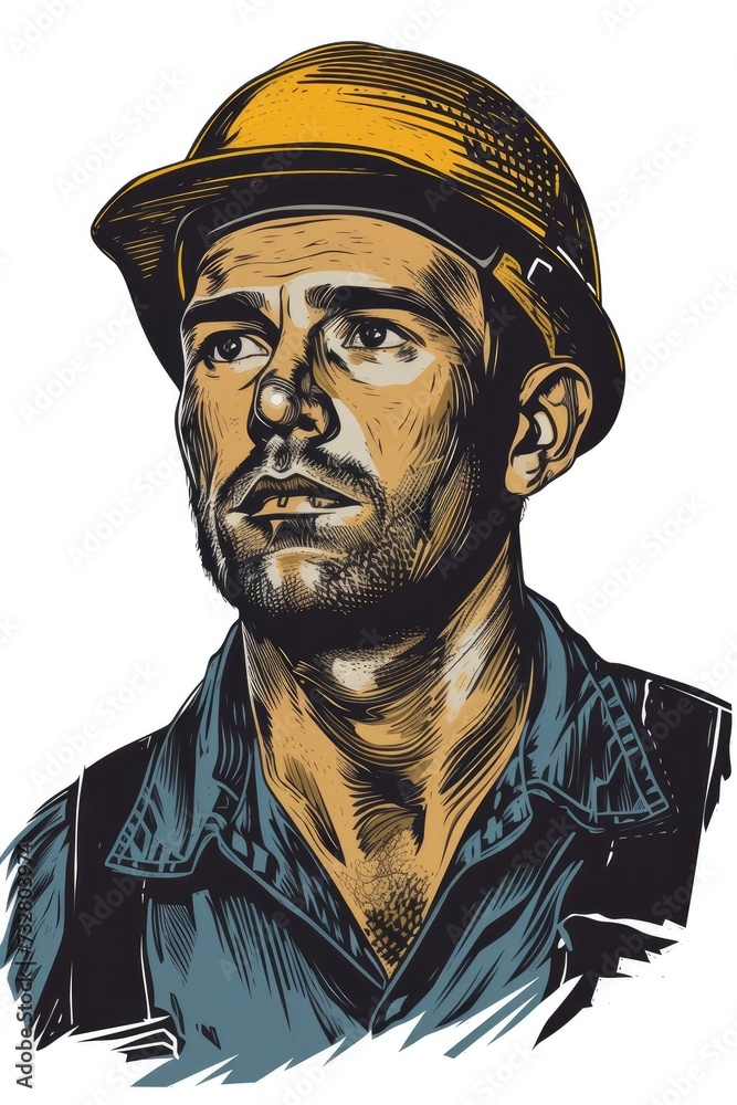 Realistic colored portrait of factory worker, woodcut, old vintage style, hand drawn simple graphics, isolated on white background