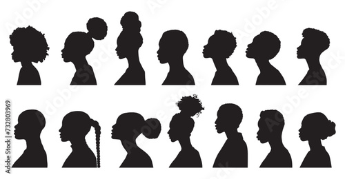 collection of silhouettes African people looking sideways, vector silhouettes exotic African women. silhouette people