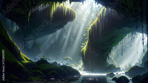 cave with moss and flash of light