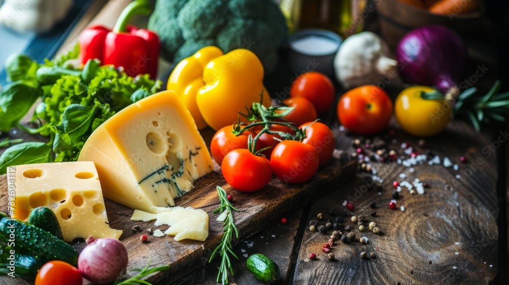 Cheese and vegetables on a tray on a wooden table, copy space. Generative AI Cheese and vegetables on a tray on a wooden table, copy space. Generative AI