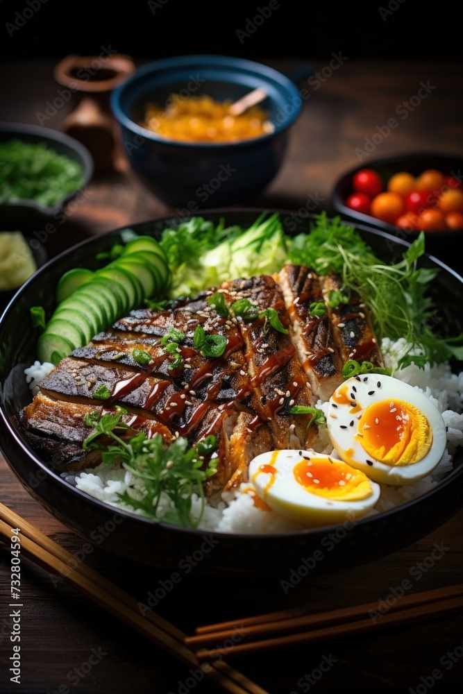 Ochazuke with Grilled Mackerel. Best For Banner, Flyer, and Poster
