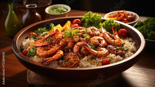 Yangzhou Fried Rice with Shrimp and Vegetables. Best For Banner, Flyer, and Poster photo