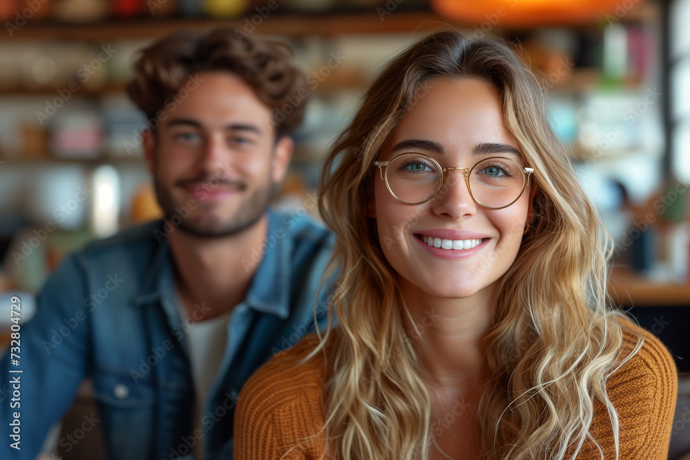 Portrait of smiling couple looking at camera in coffee shop. Focus on girl in glasses. Starting New Coffee Shop Or Restaurant Business Standing Portrait of smiling couple looking at camera in coffee shop. Focus on girl in glasses. Starting New Coffee Shop Or Restaurant Business Standing