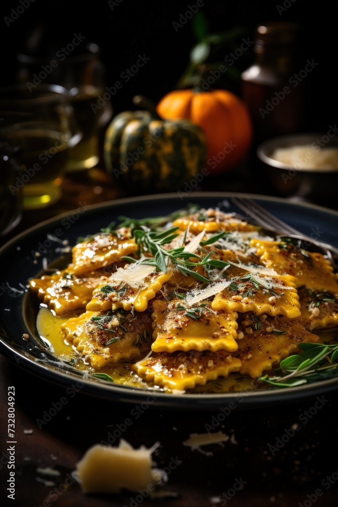 Ravioli di Zucca with Sage Butter. Best For Banner, Flyer, and Poster Ravioli di Zucca with Sage Butter. Best For Banner, Flyer, and Poster