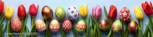 Aerial view of a collection of Easter eggs, each intricately designed, nestled among vibrant tulips on a plain blue background.