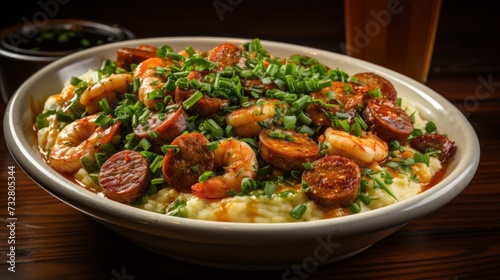 Shrimp and Grits with Andouille Sausage. Best For Banner, Flyer, and Poster
