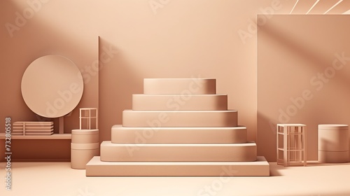 3D rendering beige and gold product display stand on light beige arch wall background. Minimal realistic luxury sale presentation scene. generative ai