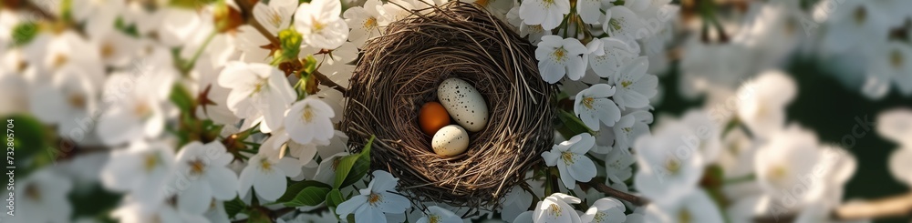 An aerial perspective showcasing a bird's nest with eggs, nestled among the lush, white blossoms of a cherry tree, with gentle morning light casting a warm glow.