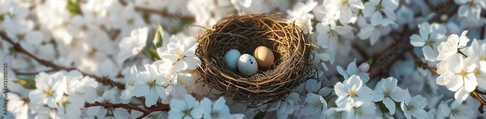An aerial perspective showcasing a bird's nest with eggs, nestled among the lush, white blossoms of a cherry tree, with gentle morning light casting a warm glow. An aerial perspective showcasing a bird's nest with eggs, nestled among the lush, white blossoms of a cherry tree, with gentle morning light casting a warm glow.
