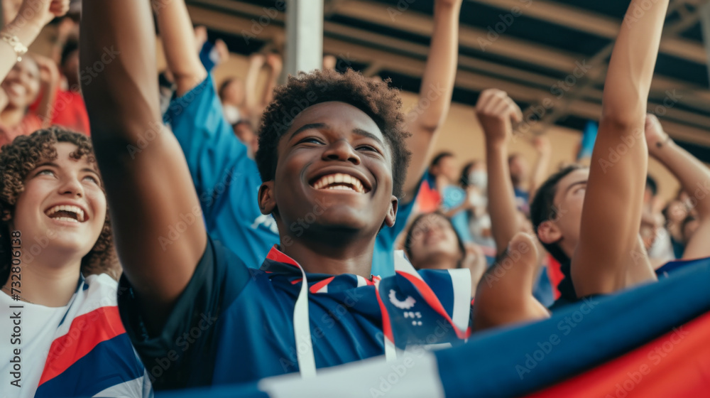 French football soccer fans in a stadium supporting the national team, Equipe tricolore
