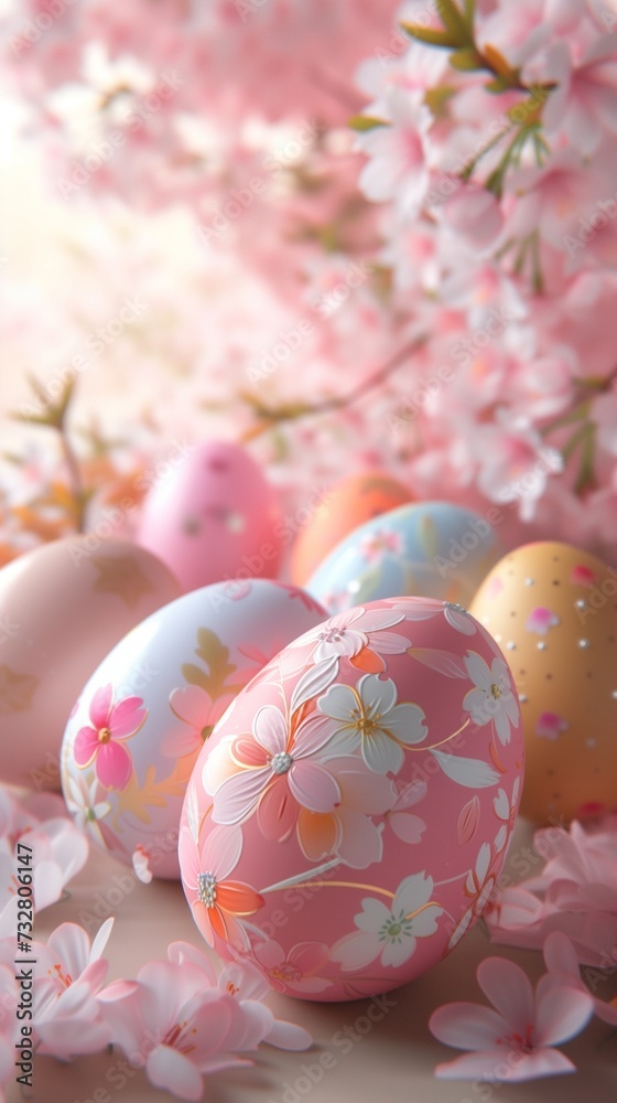An elegant display of pastel-colored Easter eggs, decorated with fine, hand-painted flowers, set against a backdrop of blooming cherry blossoms.