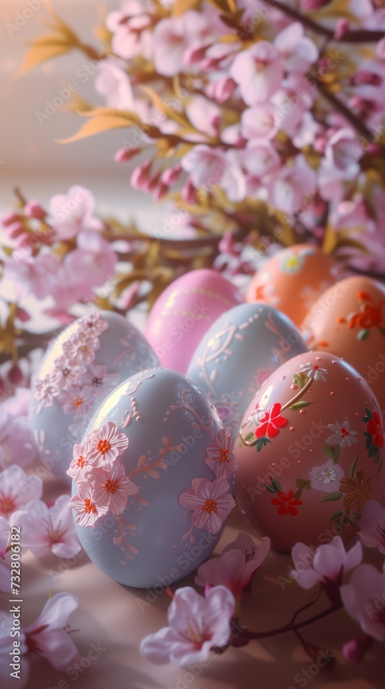 An elegant display of pastel-colored Easter eggs, decorated with fine, hand-painted flowers, set against a backdrop of blooming cherry blossoms.
