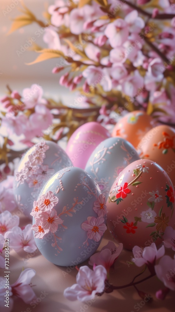 An elegant display of pastel-colored Easter eggs, decorated with fine, hand-painted flowers, set against a backdrop of blooming cherry blossoms. An elegant display of pastel-colored Easter eggs, decorated with fine, hand-painted flowers, set against a backdrop of blooming cherry blossoms.