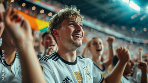 German football soccer fans in a stadium supporting the national team, Die Mannschaft 