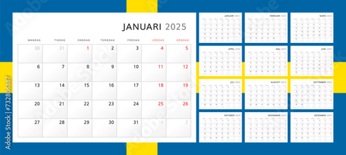 Calendar 2025 in Swedish. Wall quarterly calendar for 2025 in classic minimalist style. Week starts on Monday. Set of 12 months. Corporate Planner Template. A4 format horizontal. Vector graphics