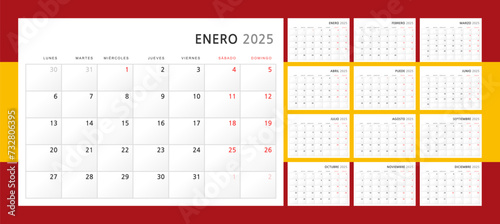 Calendar 2025 in Spanish. Wall quarterly calendar for 2025 in a classic minimalist style. Week starts on Monday. Set of 12 months. Corporate Planner Template. A4 format horizontal. Vector graphics