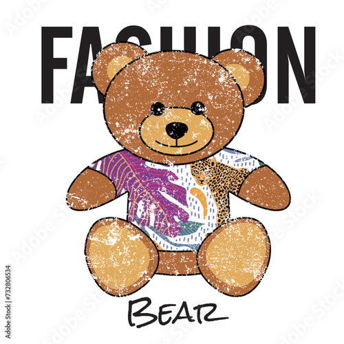 Beatz Fashion. Written in black and between the phrase there is a teddy bear with a white and purple t-shirt. Vector for silkscreen, dtg, dtf, t-shirts, signs, banners, Subimation Jobs or for any app