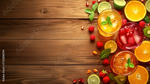 assortment of fresh iced fruit drinks on wooden background  realistic  copy space - generative ai