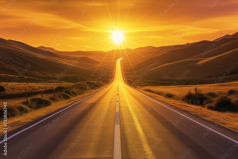 An ultra-realistic depiction of a straight highway leading towards a breathtaking sunset, with the sun casting golden hues over the hills and the road.